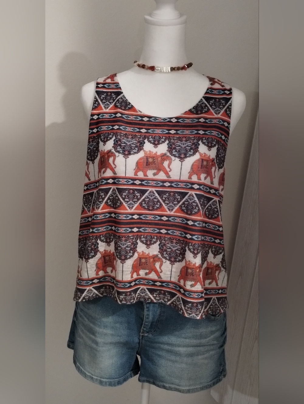 Boho Elephant Print Sleeveless Tank Top - White & Orange